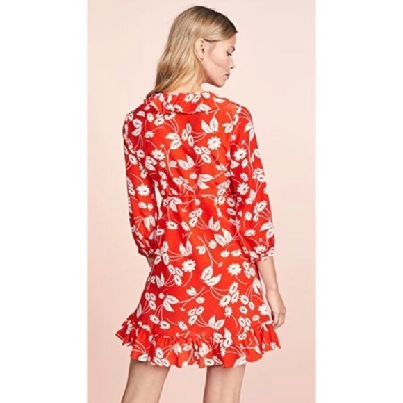NWT RIXO London Abigail Ruffle Wrap Mini Dress Red Daisy Floral 100% Silk Medium - Picture 2 of 16